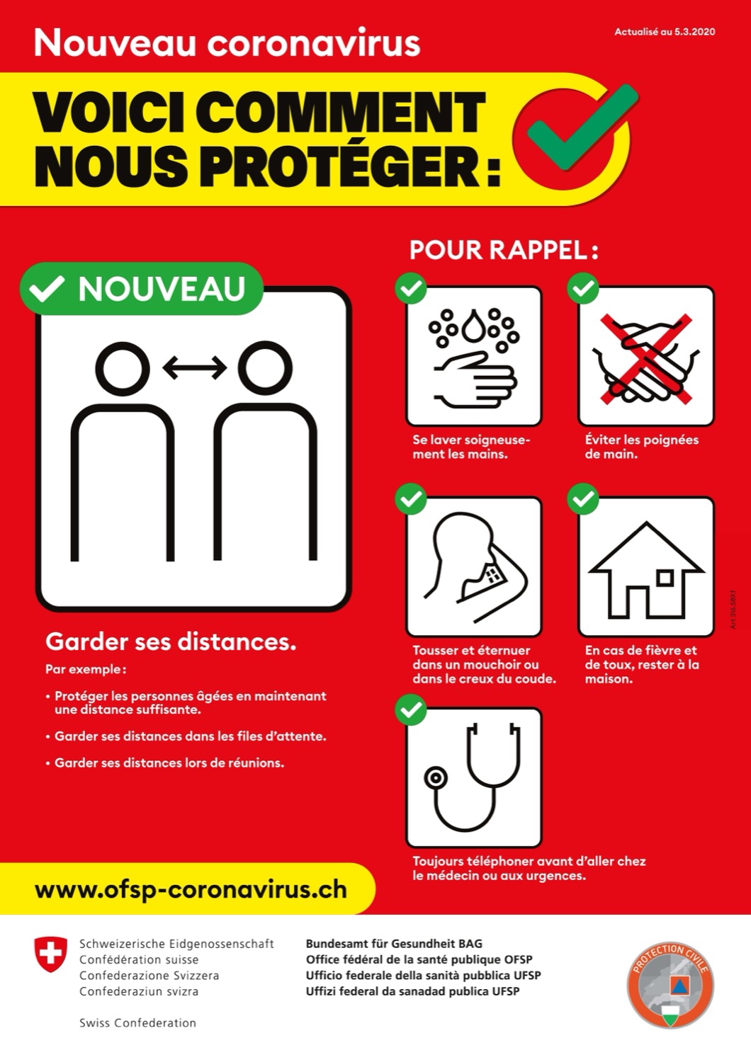 Affiche des recommandations COVID-19 de la Protection civile vaudoise